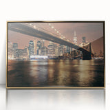 Acrylic print of Brooklyn Bridge with gold accents in a mid-century modernist style, suitable for modern art wall decor.