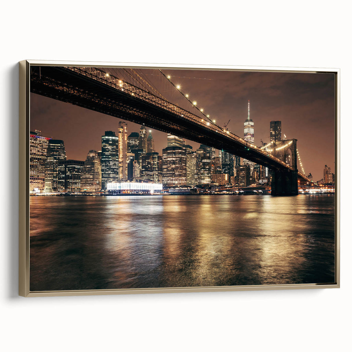 Framed canvas of the Brooklyn Bridge in black and gold tones, ideal for bedroom wall decor.