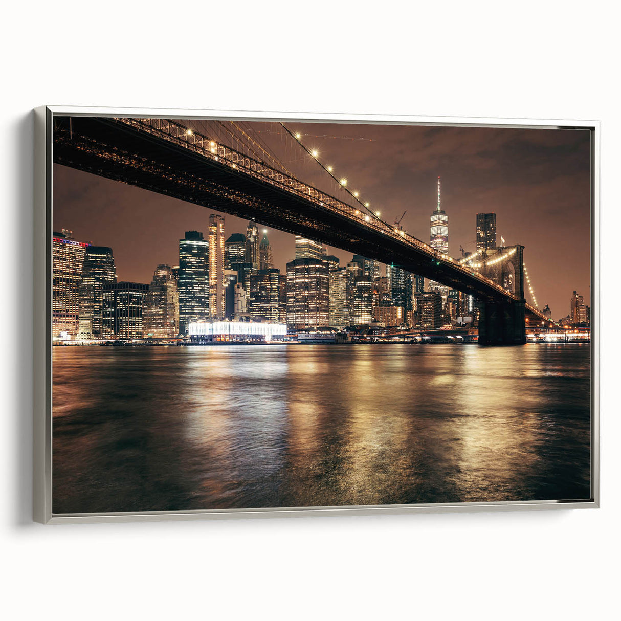 Framed canvas of the Brooklyn Bridge in black with colorful highlights, ideal for office wall decor.
