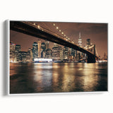 Vintage poster art of the Brooklyn Bridge in black and white on a framed canvas, ideal for living room decor.