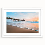 Abstract art print of Manhattan skyline in muted gray and blue tones on a framed white mat, suitable for dining room decor.