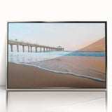 Mid-century modernist art of Manhattan skyline in muted gray tones on a silver-framed acrylic print.