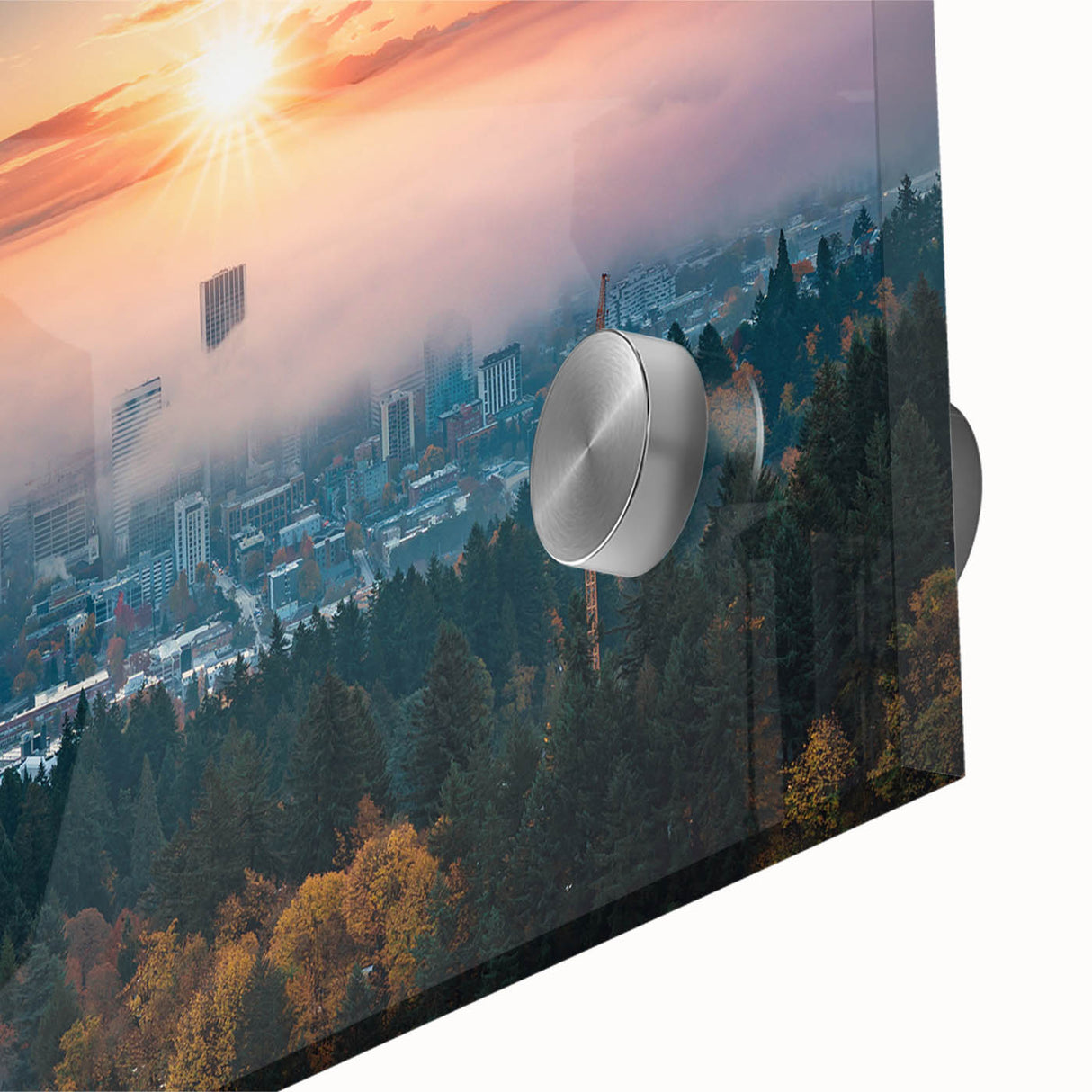 Large abstract wall art of Portland, Oregon in muted green and blue tones on acrylic glass, suited for dining room ambiance.