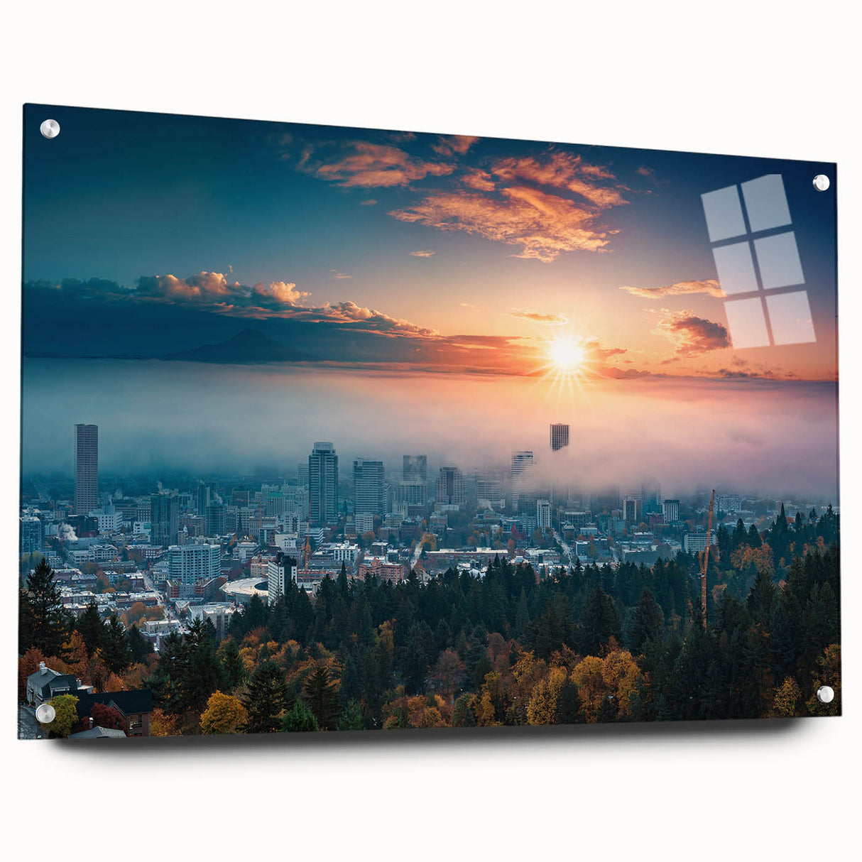 Acrylic print of a large abstract depiction of Portland, Oregon in muted green and blue tones.