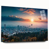 Acrylic print of a large abstract portrayal of Portland, Oregon, in muted gray and blue tones.