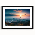 Extra large abstract art print of a colorful, textured Portland, Oregon scenery on a black framed canvas.