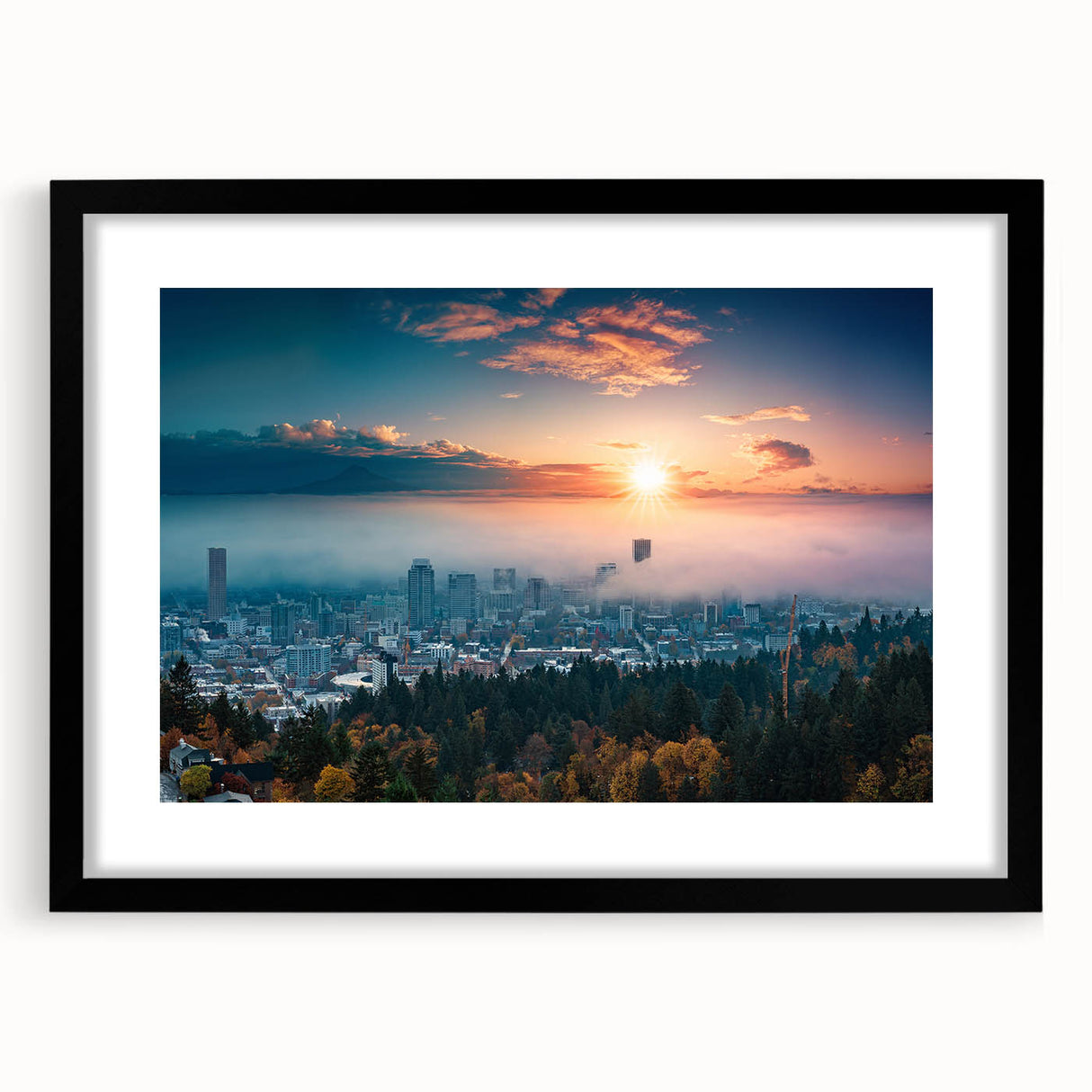 Extra large abstract art print of a colorful, textured Portland, Oregon scenery on a black framed canvas.