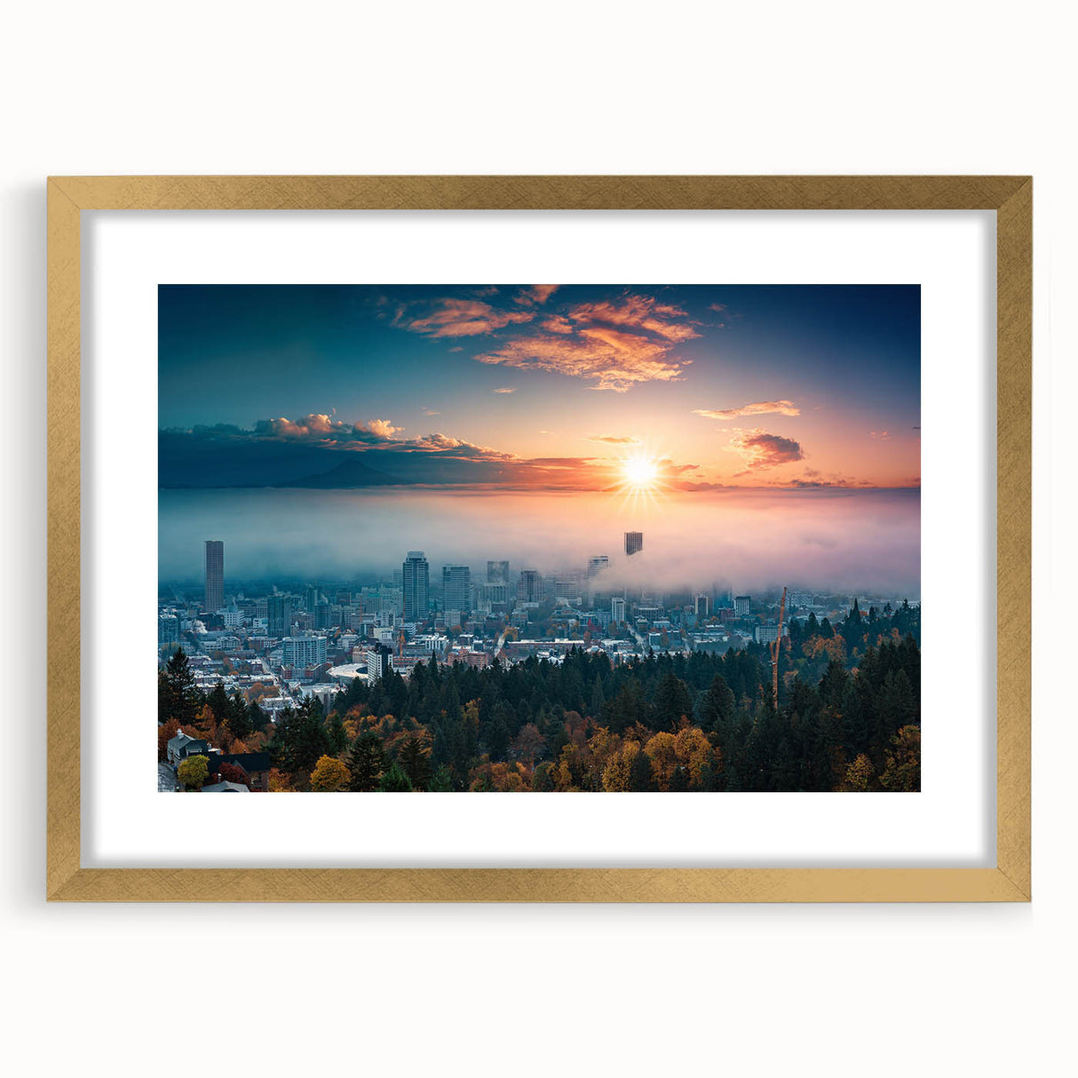 Extra large textured abstract art print of Portland, Oregon, in a gold frame with mat, featuring muted earth tones.