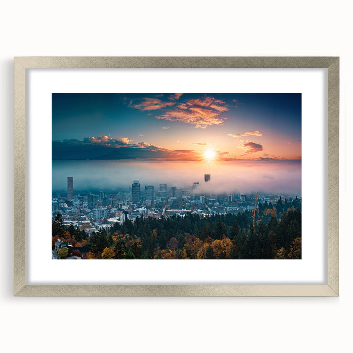 Textured abstract art print of Portland, Oregon skyline in muted gray tones on a silver-framed canvas.