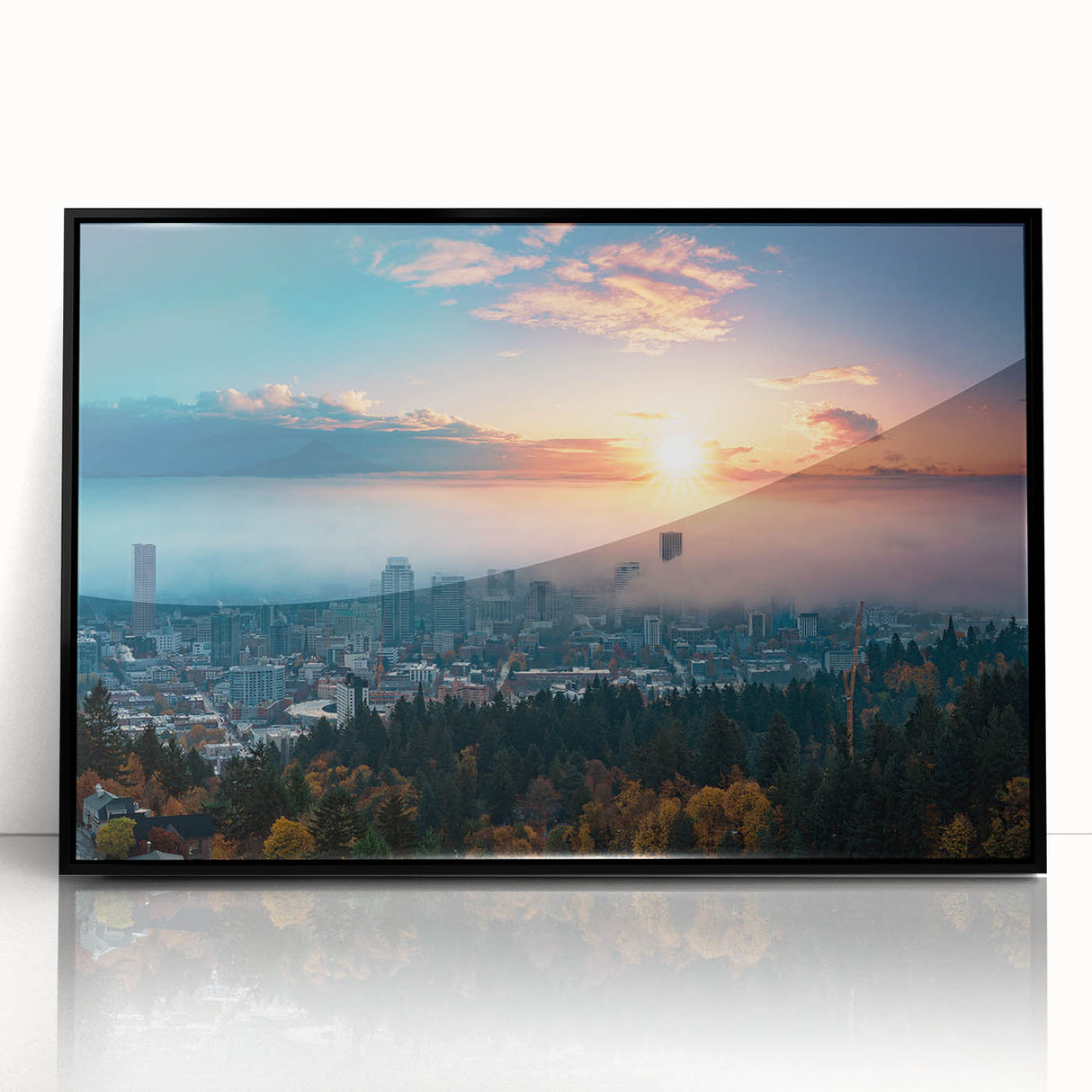 Large abstract wall art depicting Portland, Oregon, with mid-century modernist style in black acrylic frame.