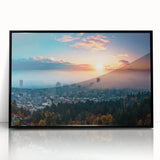 Large abstract wall art depicting Portland, Oregon, with mid-century modernist style in black acrylic frame.