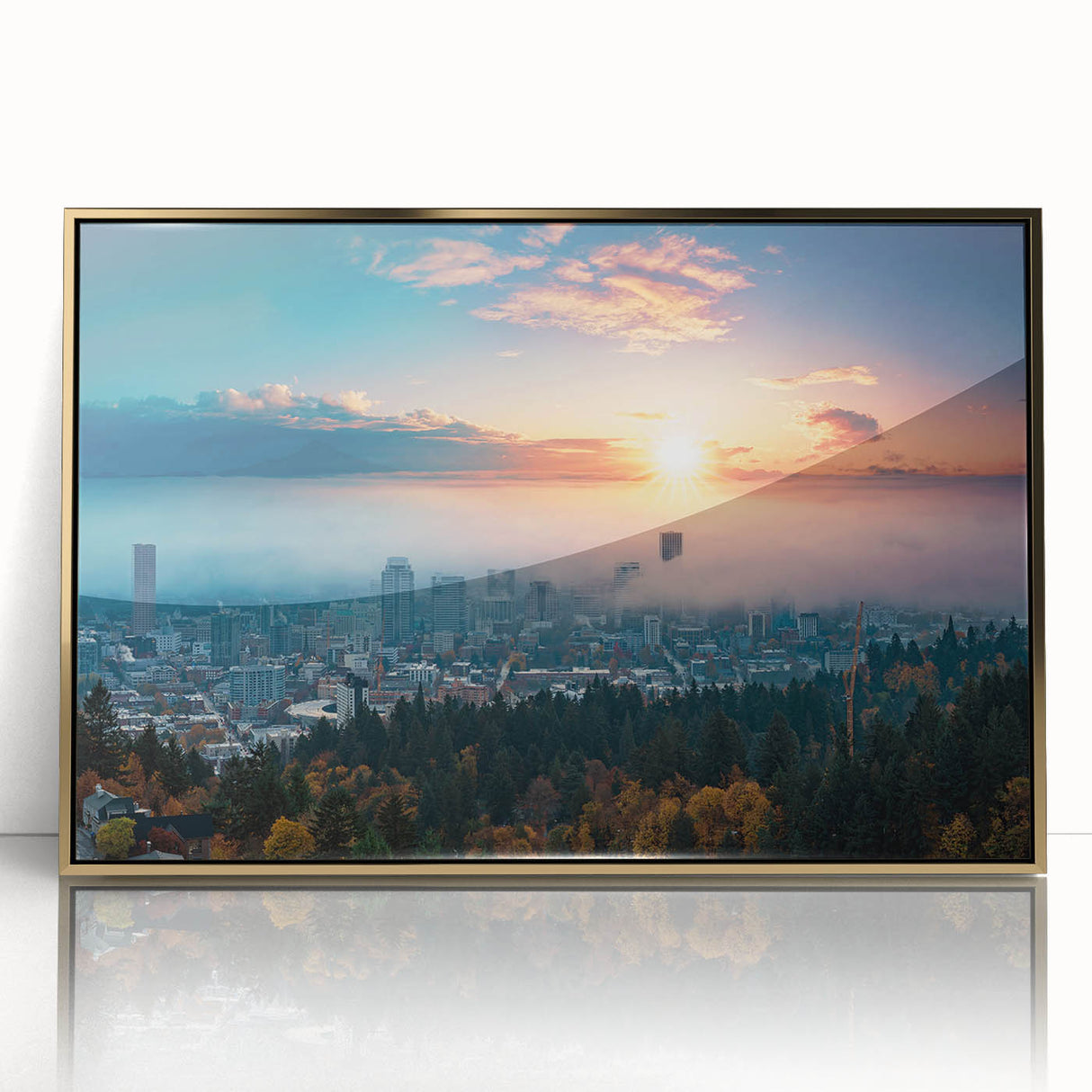 Mid-century modernist art depicting the Portland, Oregon skyline in muted earth tones on a framed acrylic print.