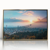 Mid-century modernist art depicting the Portland, Oregon skyline in muted earth tones on a framed acrylic print.