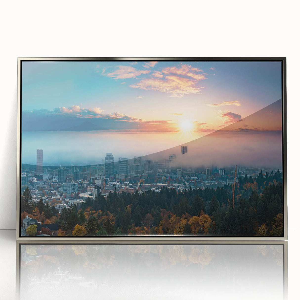 Mid-century modernist art of Portland, Oregon in muted earth tones on a silver-framed acrylic print.