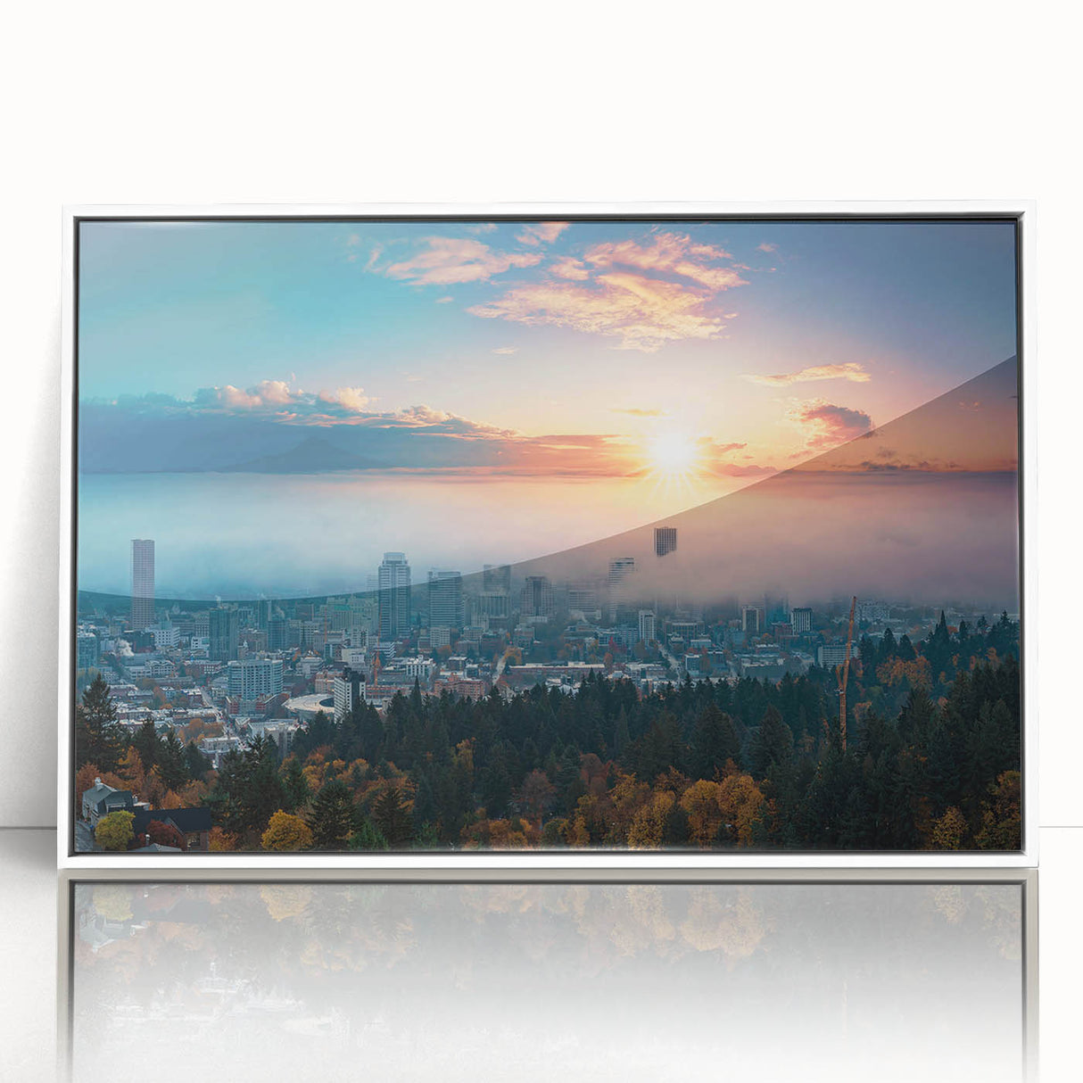 Framed acrylic print of Portland, Oregon skyline in art deco style with pastel hues, ideal for modern nursery wall art.