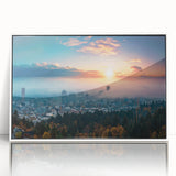 Framed acrylic print of Portland, Oregon skyline in art deco style with pastel hues, ideal for modern nursery wall art.