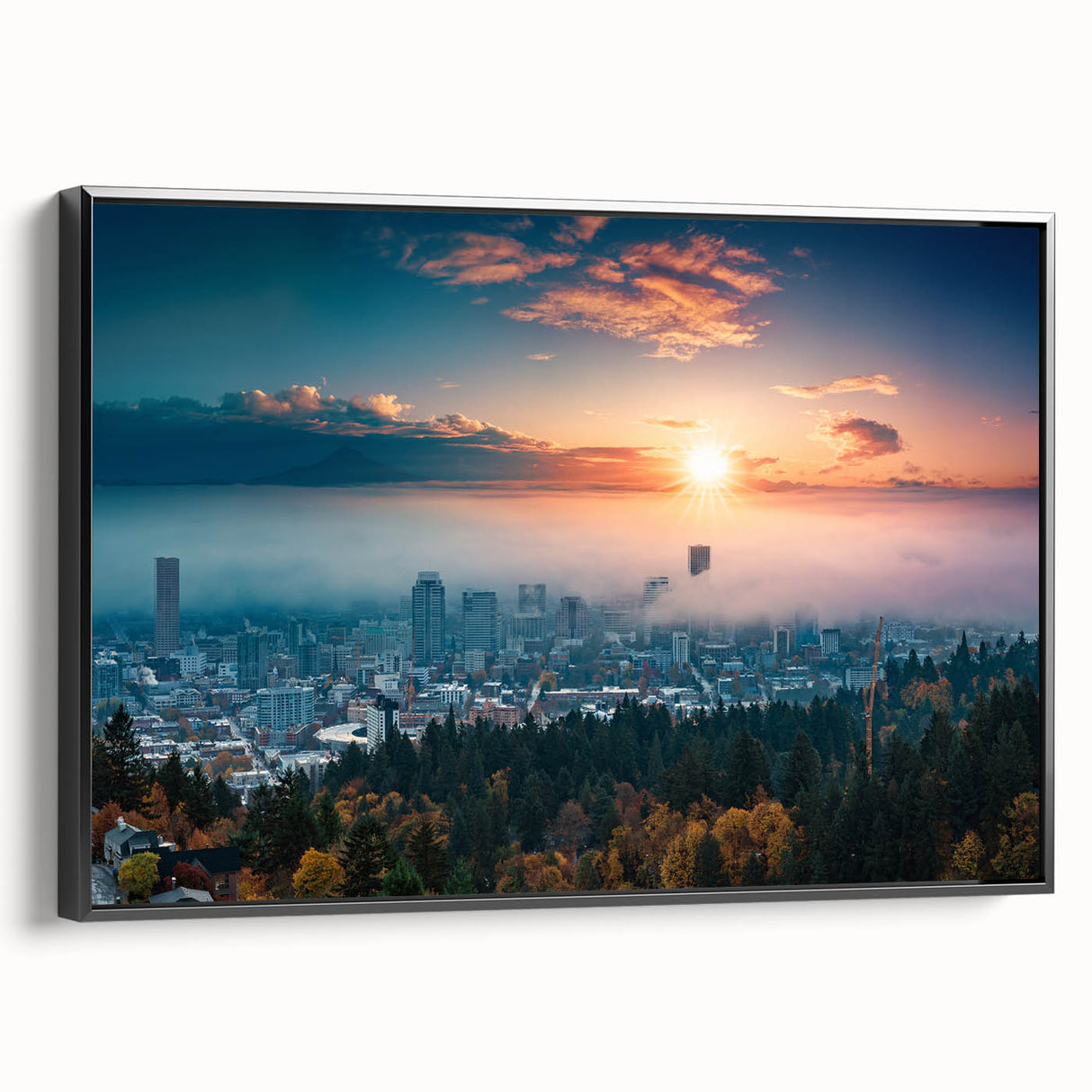 Black and white framed canvas of Portland, Oregon landscape, ideal for bedroom wall decor.