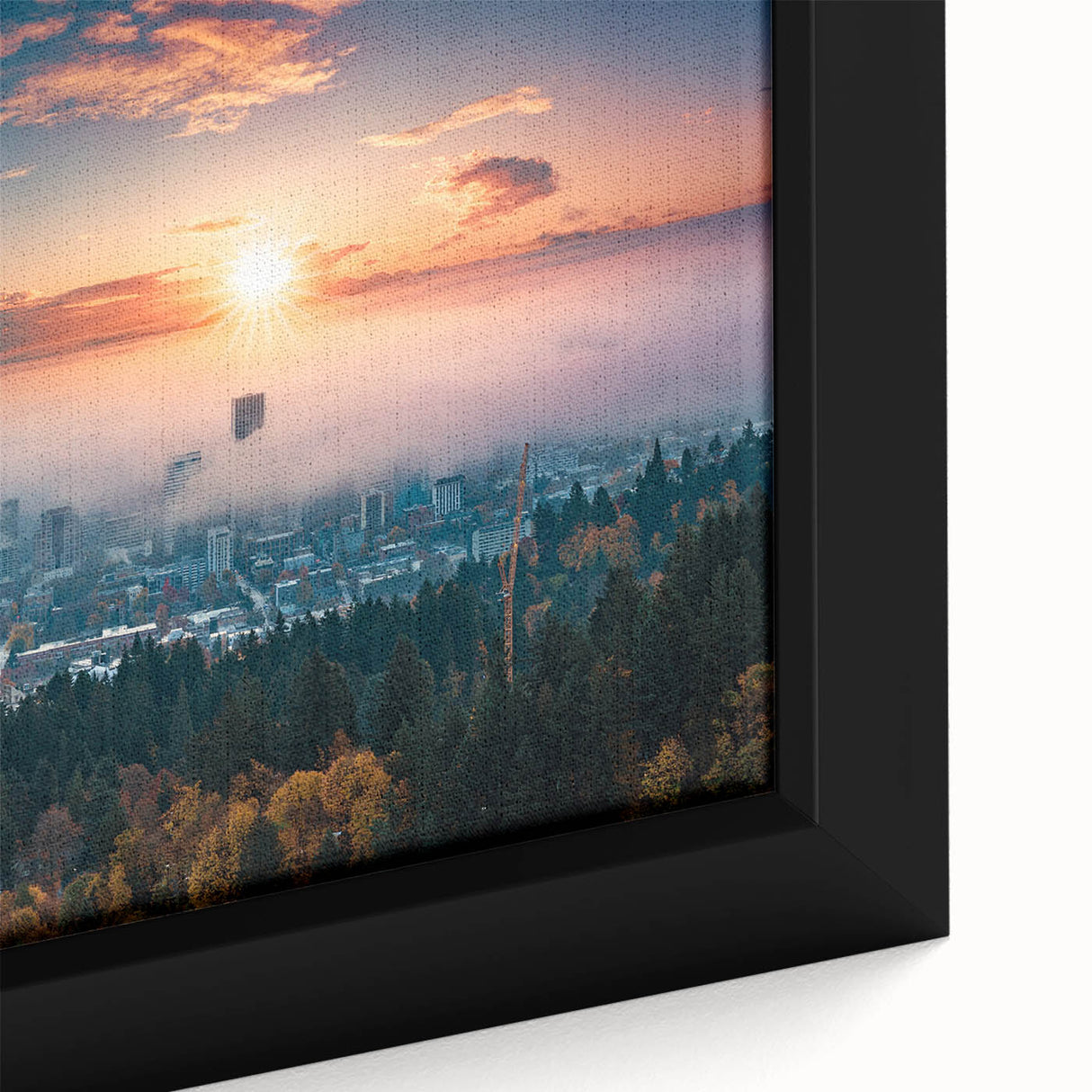 Textured black wall art depicting Portland, Oregon, with vibrant, colorful accents on a framed canvas.