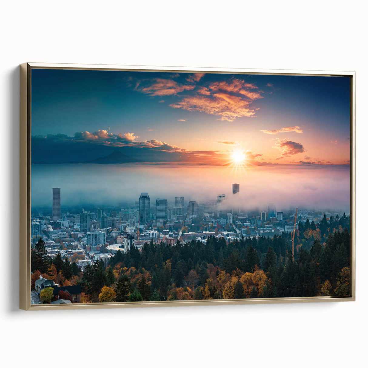 Framed canvas depicting a vintage-style Portland, Oregon landscape with muted earth tones, ideal for bedroom wall art.