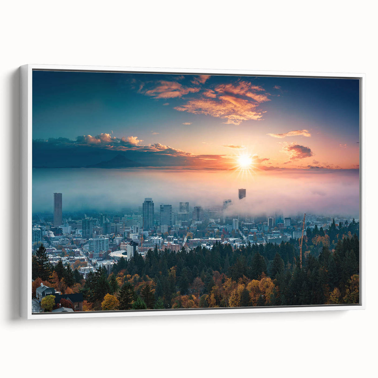 Vintage poster art of Portland, Oregon on extra large framed canvas, featuring colorful imagery against a black background.