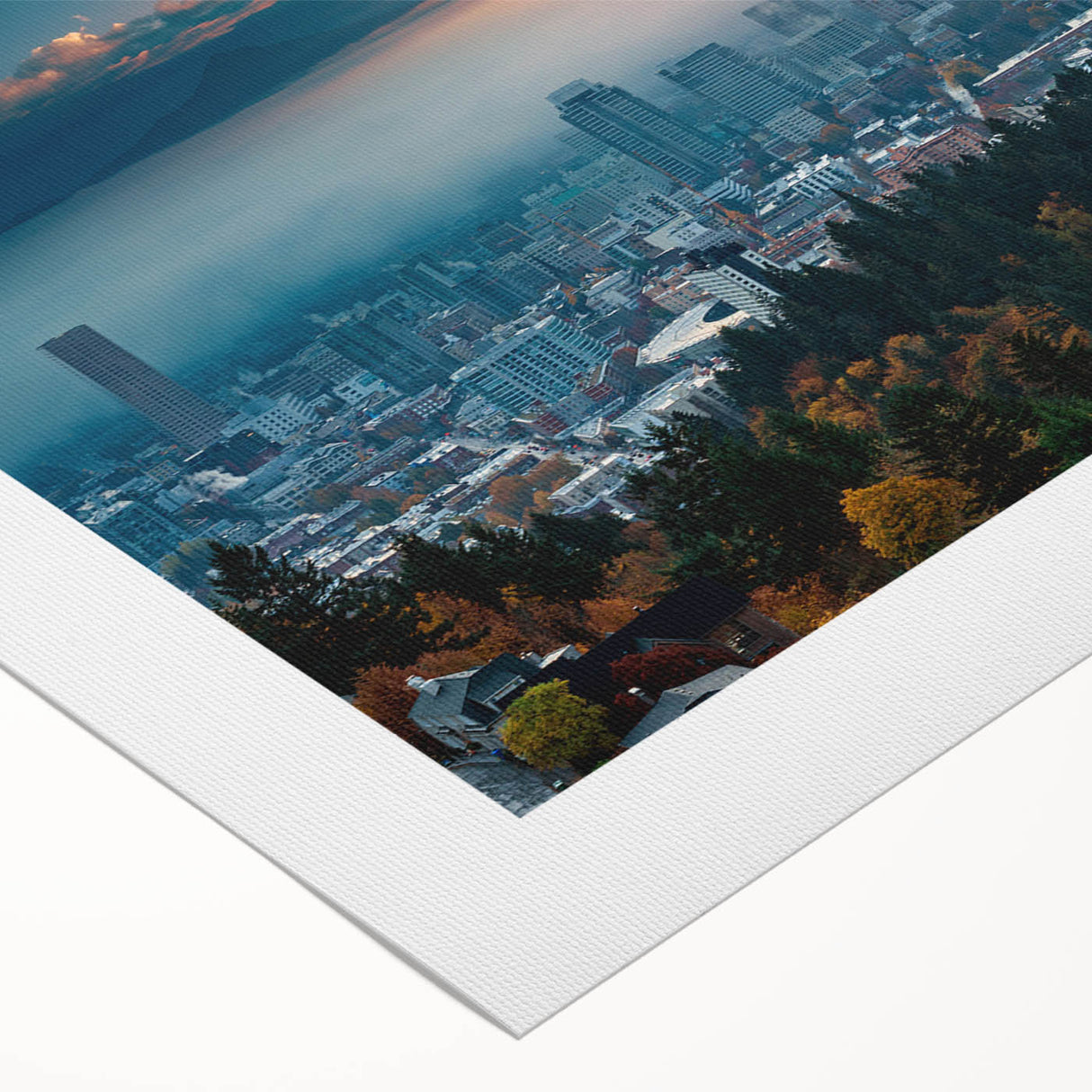 Art deco poster of Portland, Oregon skyline in muted gray tones on rolled canvas, suitable for dining room wall art.
