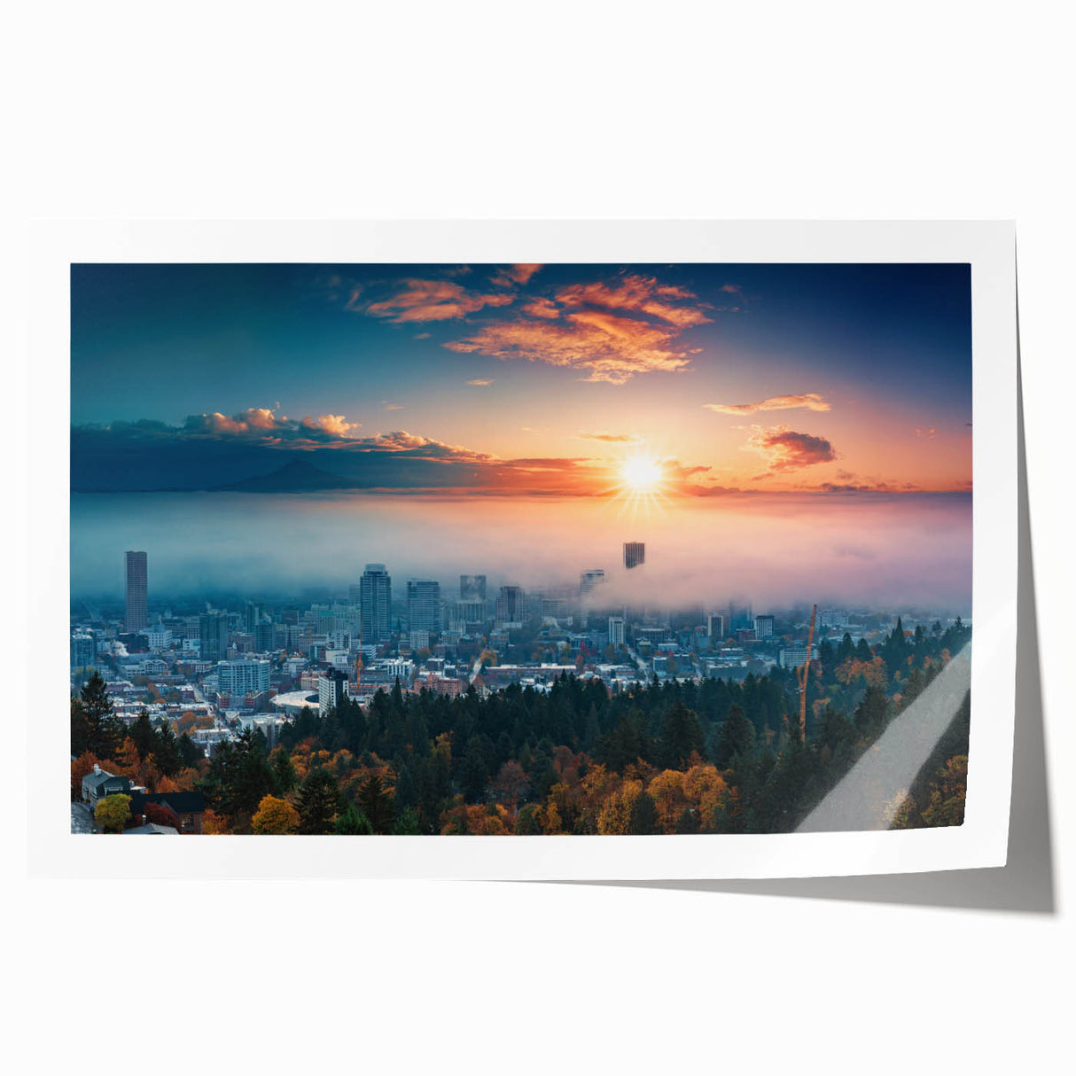 Extra large rolled print of Portland, Oregon scenery with vibrant green and floral elements, ideal for dining room wall art.