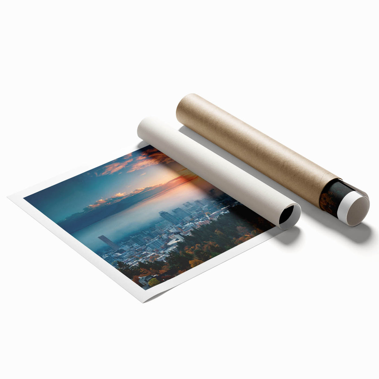 Extra large rolled print depicting vibrant floral art set against Portland, Oregon scenery.