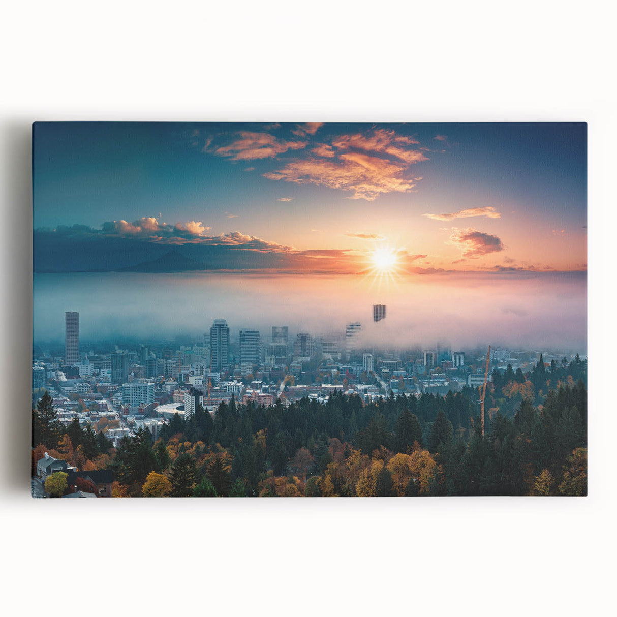 Black and white stretched canvas of Portland, Oregon skyline, ideal for kitchen wall art.