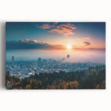 Black and white stretched canvas of Portland, Oregon skyline, ideal for kitchen wall art.