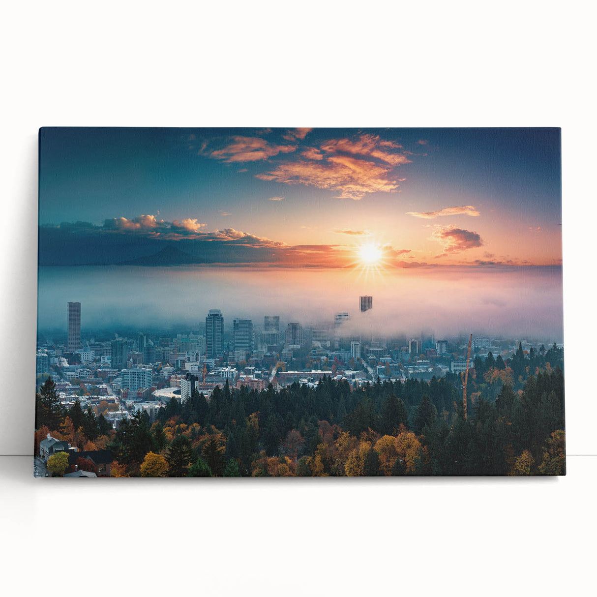 Black and white stretched canvas of Portland, Oregon skyline, ideal for kitchen wall art.