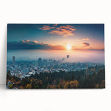 Black and white stretched canvas of Portland, Oregon skyline, ideal for kitchen wall art.