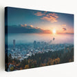 Large canvas print of Portland, Oregon skyline in muted green and blue tones, suitable for kitchen wall art.