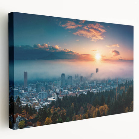 Large canvas print of Portland, Oregon skyline in muted green and blue tones, suitable for kitchen wall art.