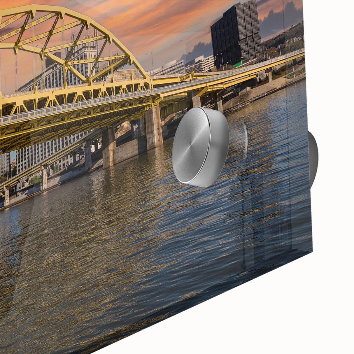 Large abstract depiction of Pittsburgh skyline in muted gray and blue on acrylic glass, suitable for dining room art.
