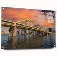 Acrylic print of Pittsburgh skyline in muted blue and gray tones, suitable for bedroom or dining room decor.