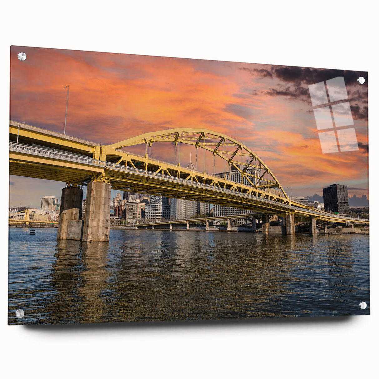 Acrylic print of Pittsburgh skyline in muted blue and gray tones, suitable for bedroom or dining room decor.