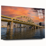 Acrylic print of large abstract Pittsburgh skyline in muted gray and blue, ideal for bedroom or dining room art.