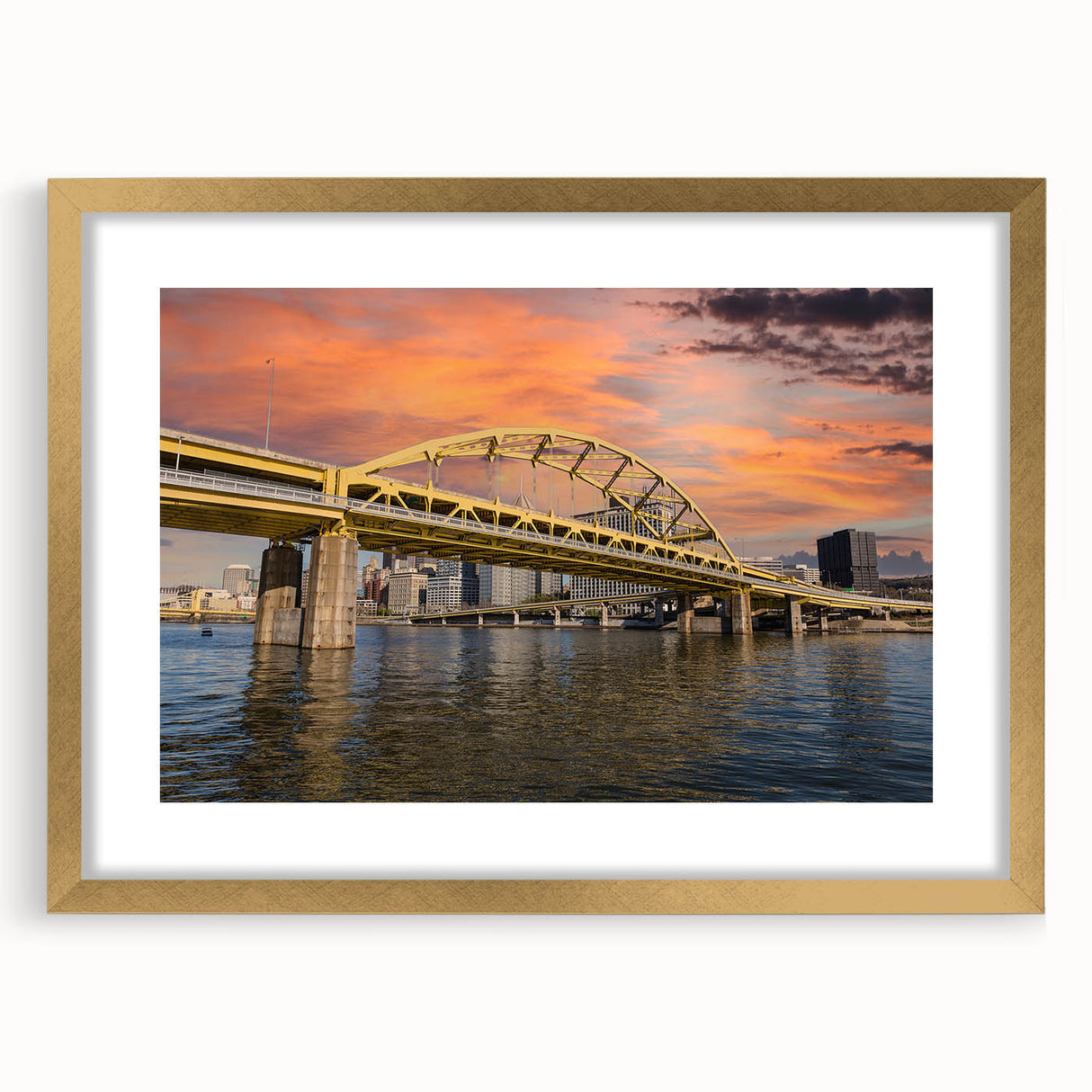 Extra large abstract art print of Pittsburgh skyline in muted gray and blue tones on a framed canvas.