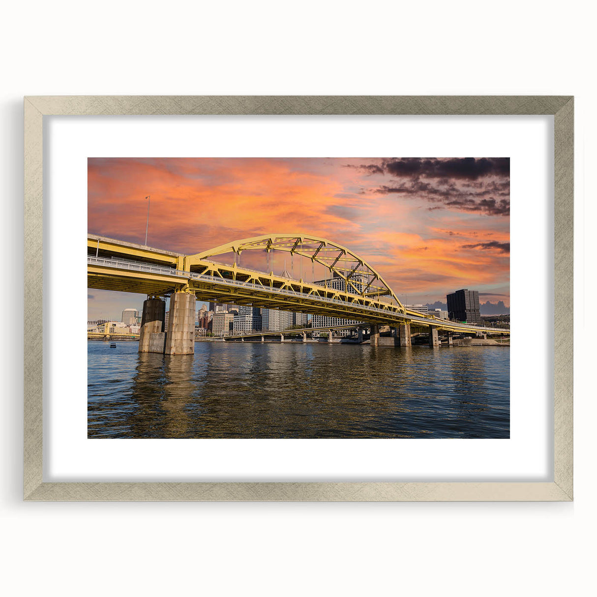 Textured abstract art print of Pittsburgh skyline in muted gray and blue tones on a framed silver mat.