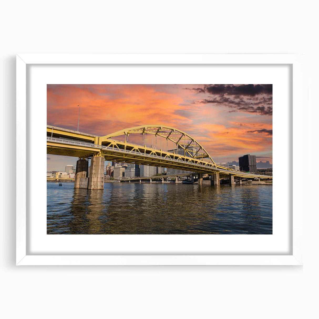 Abstract art print of Pittsburgh skyline in muted gray and blue tones, framed with a white mat, ideal for dining room decor.