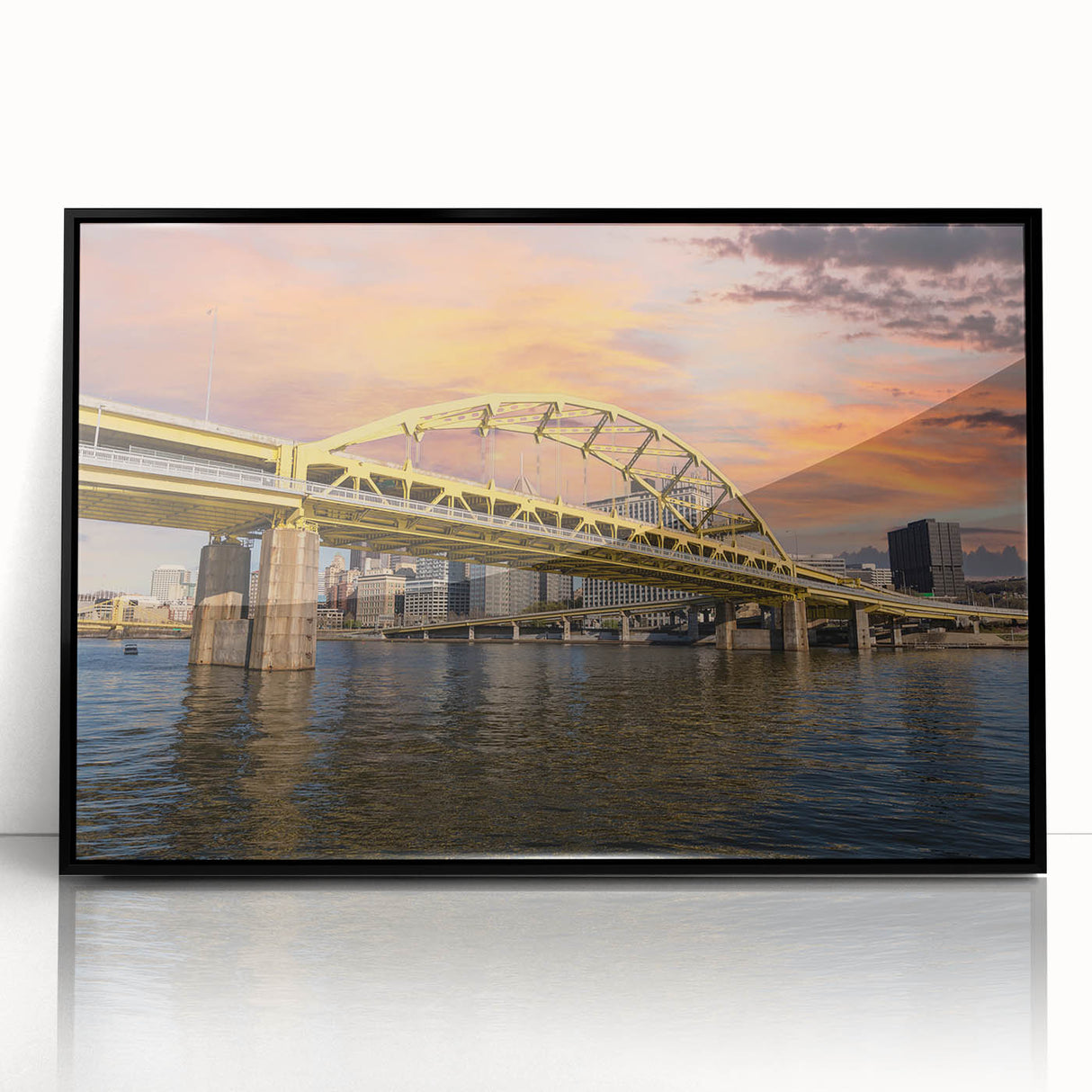 Large abstract wall art depicting the Pittsburgh skyline in muted gray tones on a framed acrylic print.