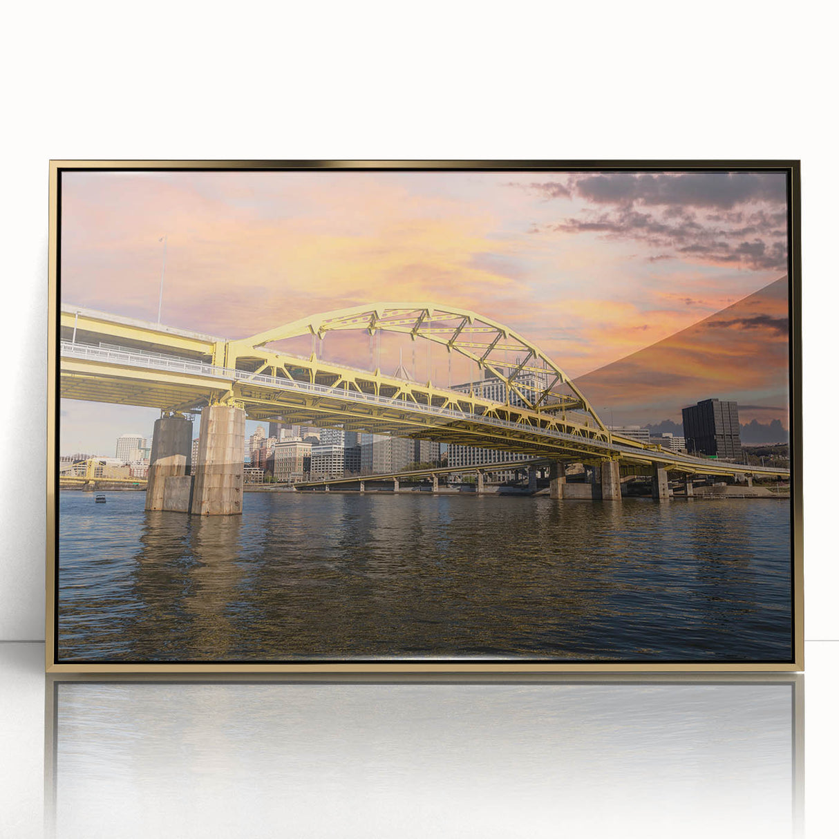Framed acrylic print of Pittsburgh skyline in gold and black tones, ideal for modern art wall decor.