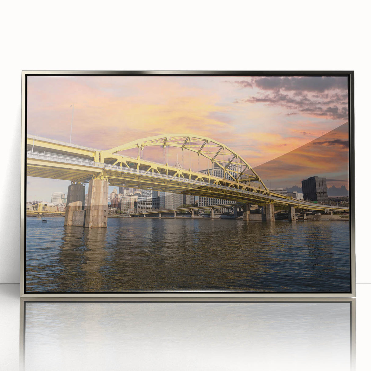 Mid-century modernist art depicting the Pittsburgh skyline in muted gray and blue tones on a framed acrylic print.