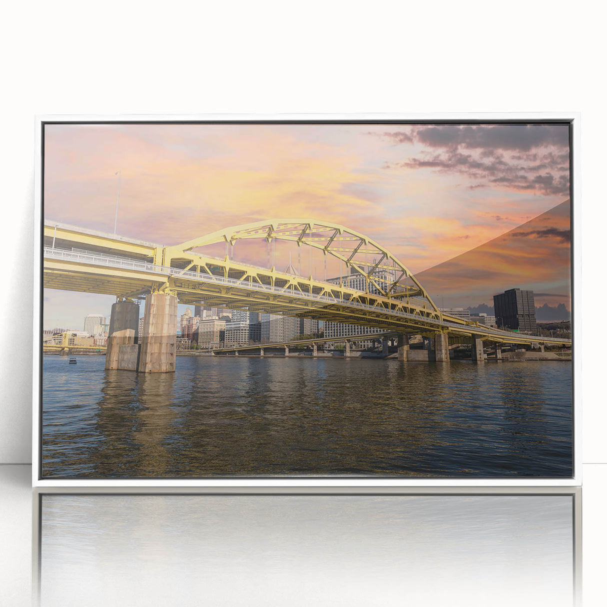 Framed acrylic print of Pittsburgh skyline in art deco style with muted gray and blue tones.
