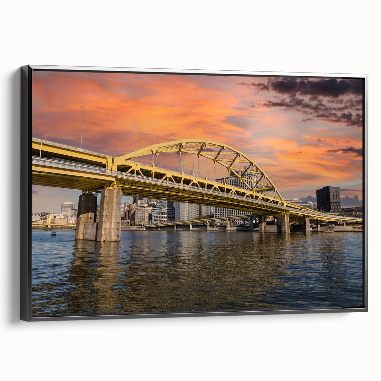 Black and white wall art of Pittsburgh landscape on framed canvas, ideal for bedroom decor.