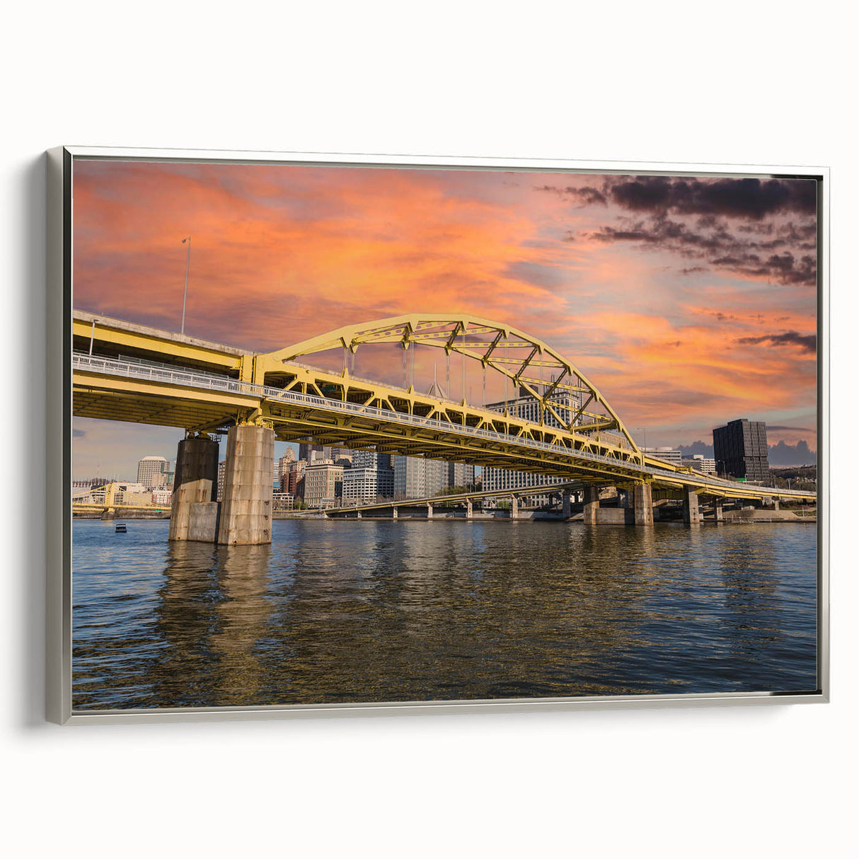 Framed canvas landscape painting of Pittsburgh with a vintage poster style, featuring a black and colorful art palette.