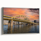 Framed canvas landscape painting of Pittsburgh with a vintage poster style, featuring a black and colorful art palette.