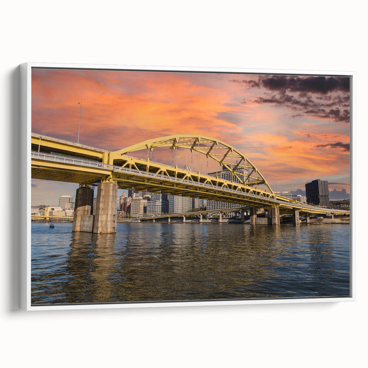 Vintage poster art of Pittsburgh skyline in colorful hues on a large framed canvas, ideal for living room decor.