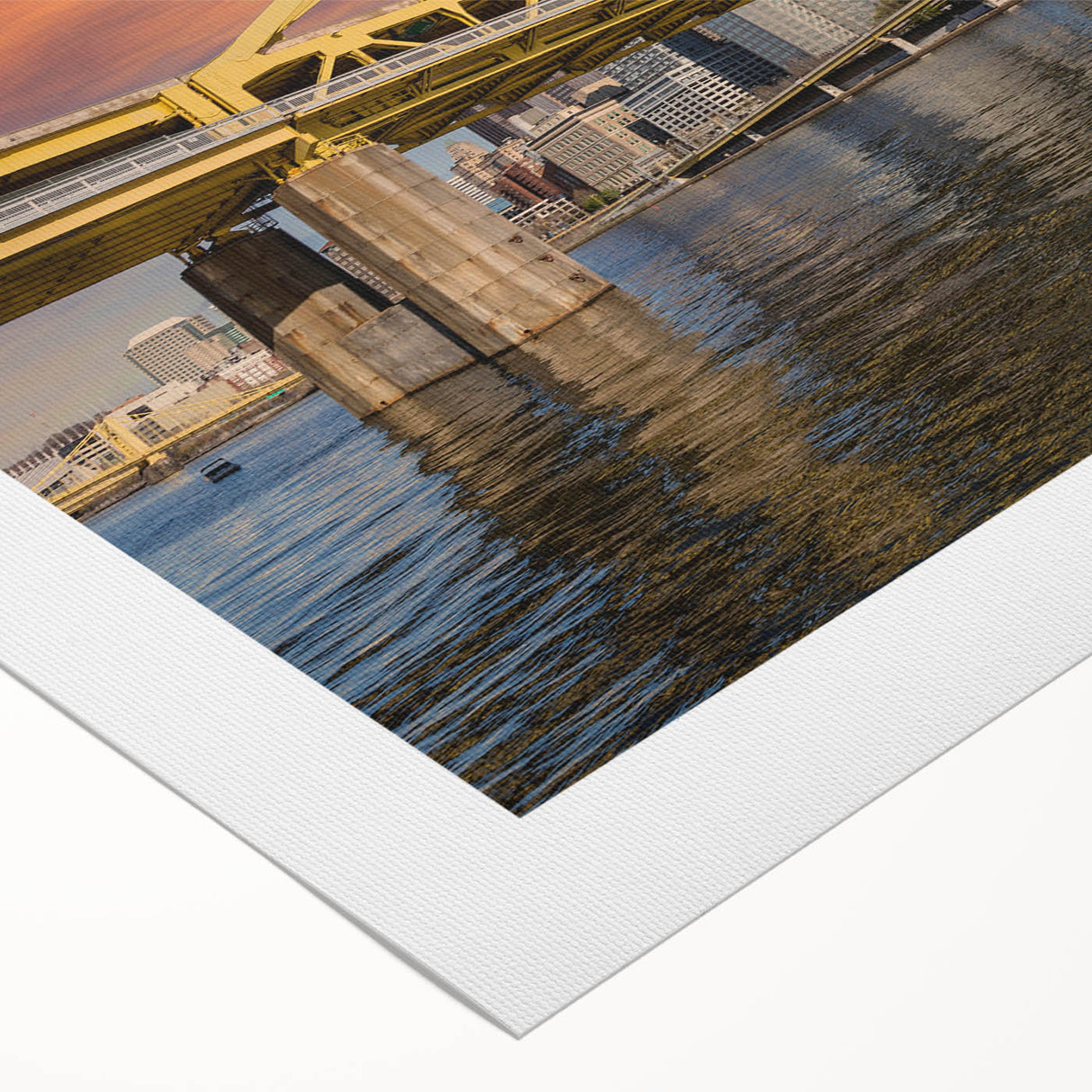 Art deco poster of Pittsburgh skyline in muted metallic tones on rolled canvas, suitable for dining room wall art.
