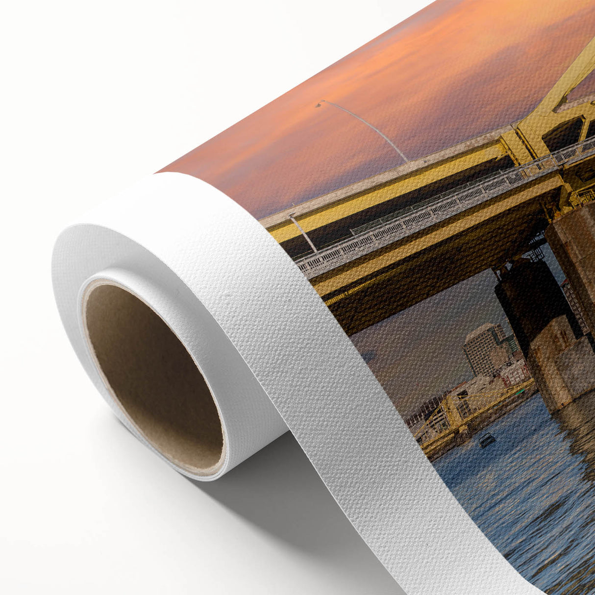 Art deco poster of Pittsburgh skyline in muted gold and blue hues on rolled canvas, ideal for nursery wall art.